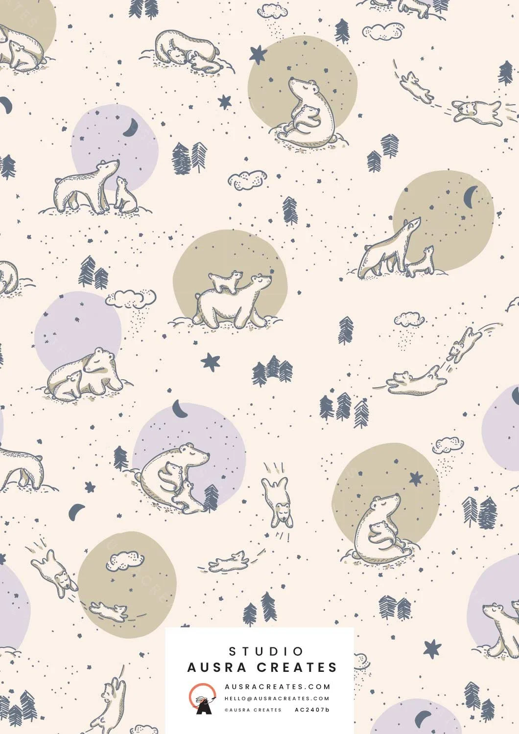 A cute unisex newborn winter design of Mumma and Baby Bears under a Starry Night in lilac  sand for art licensing