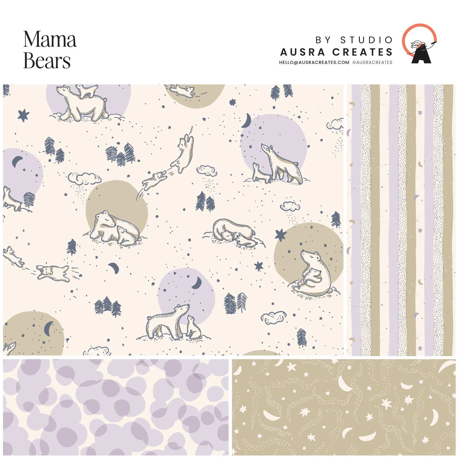 A cute pattern print collection of Mama and Baby Bear under a Starry Night in sand available for art licensing