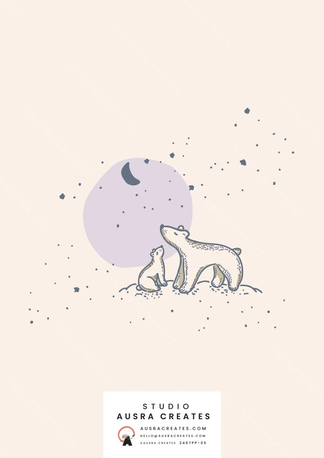 A cute placement print of  Mama and Baby Bear under a Starry Night in sand and lilac available for art licensing