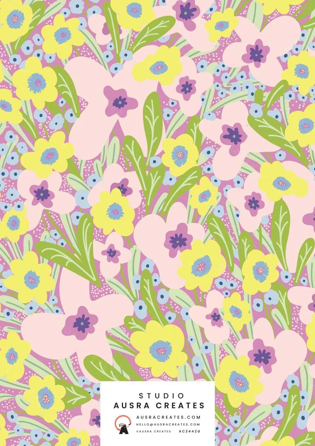 Goovy retro inspired maximalist playful pink summer floral surface pattern print for art licensin
