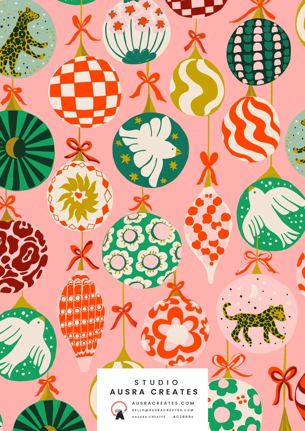 Eclectic Maximalist Bold Bright Boho Retro Christmas Baubles Surface Pattern Print in Preppy Girl Pink for Art Licensing