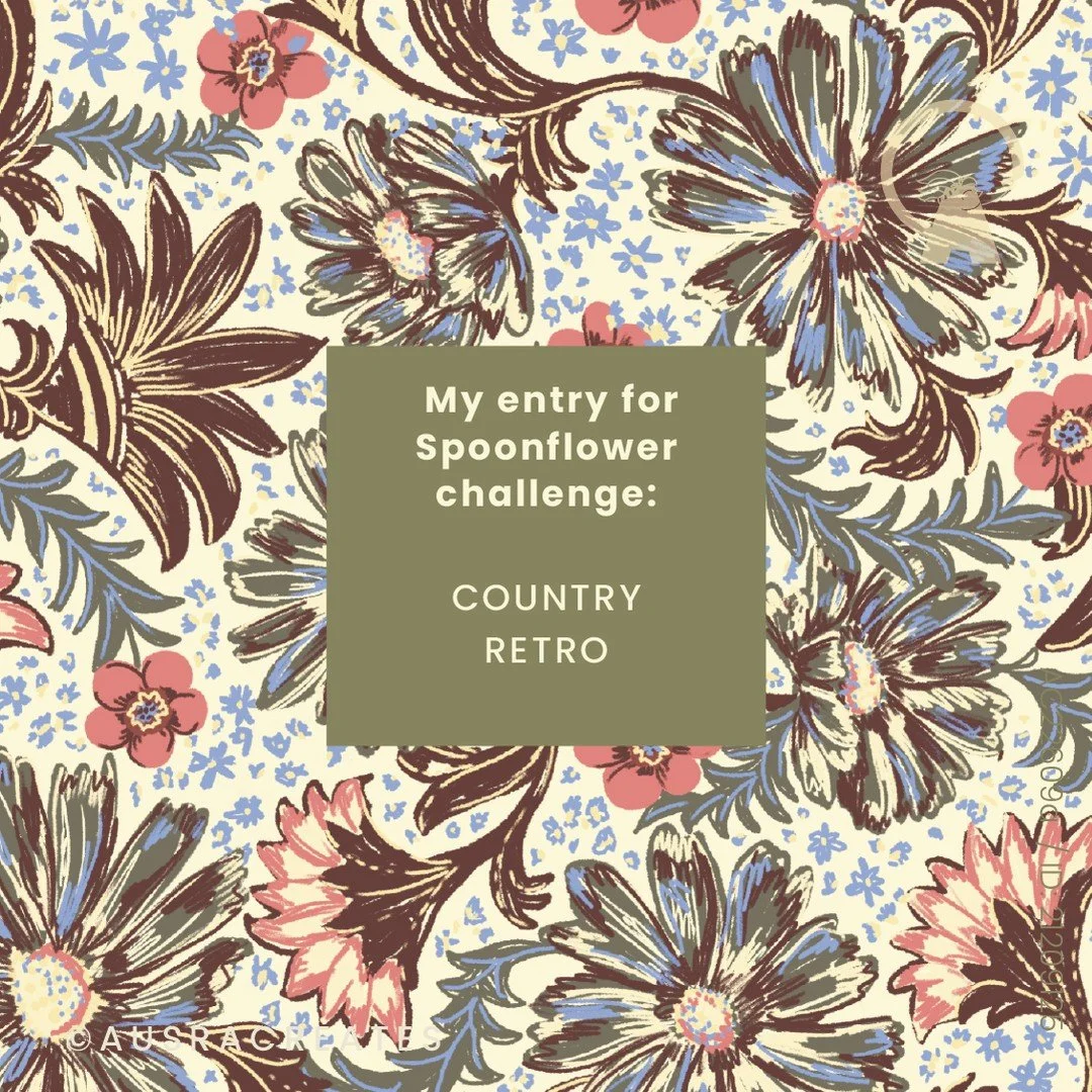 I know I'm running late to post about this 🙈 , it has been busy (as usual) here. 😁  My submission to Country Retro challenge is this beautiful folk and Western Americana inspired floral. And a few of my favourite colourways that will be up and runn