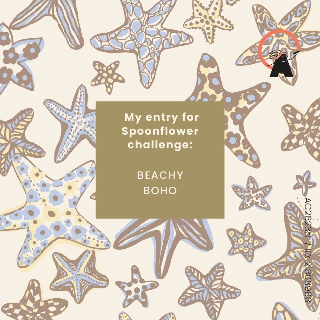 My latest submission to the Beachy Boho @spoonflower artist challenge is this beautiful cutie summer sea star print 😍 Fun and playful, but in a relaxed calm unisex colour palette of coastal sandy beiges,  baby blues and buttery yellows.
Im working o
