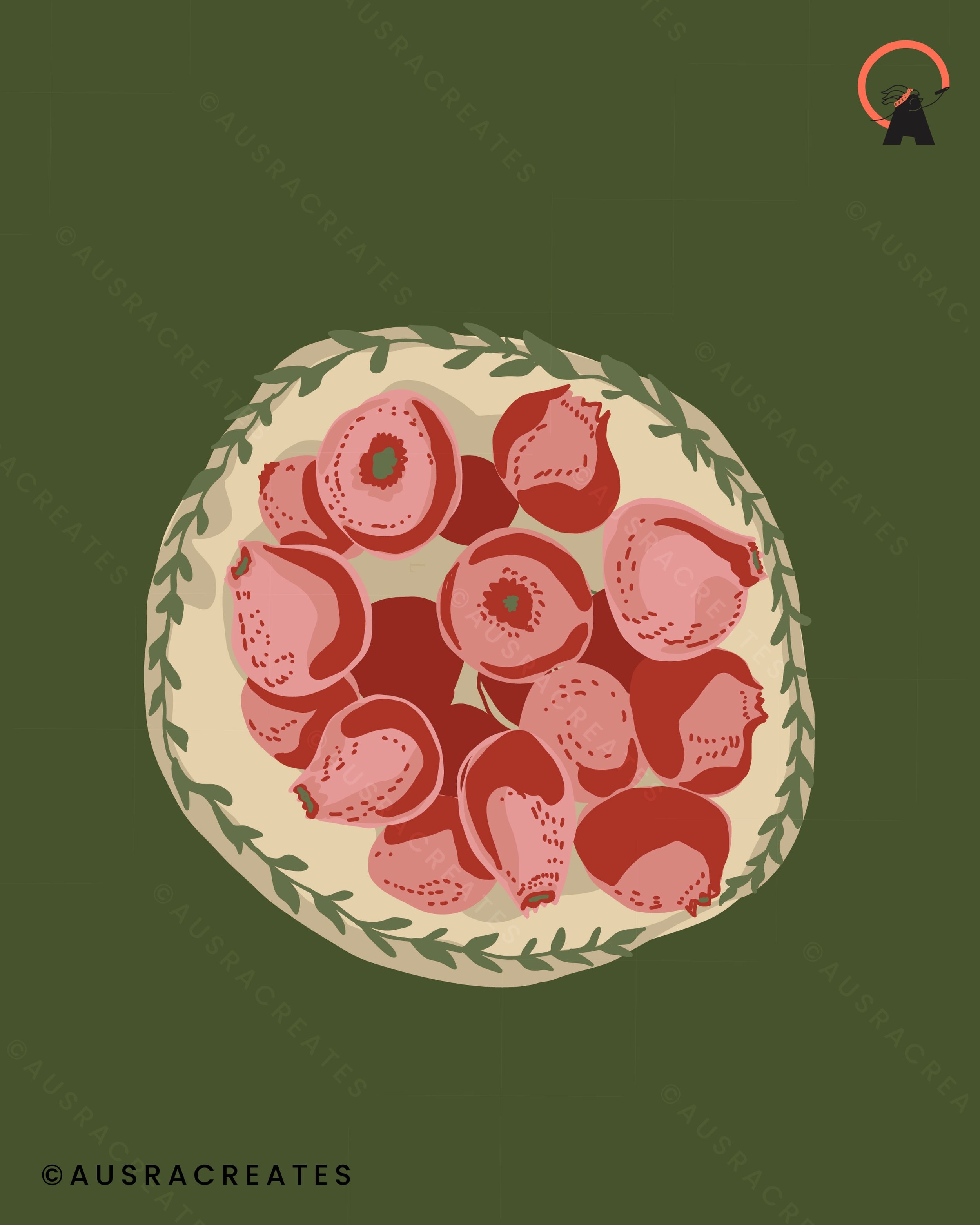 Home grown with love. Handpicked. Handdrawn 🎨🧑&zwj;🎨🌼&hearts;️

#ausracreates #surfacepatterndesigner #artlicending #pomegranateillustration #harverst