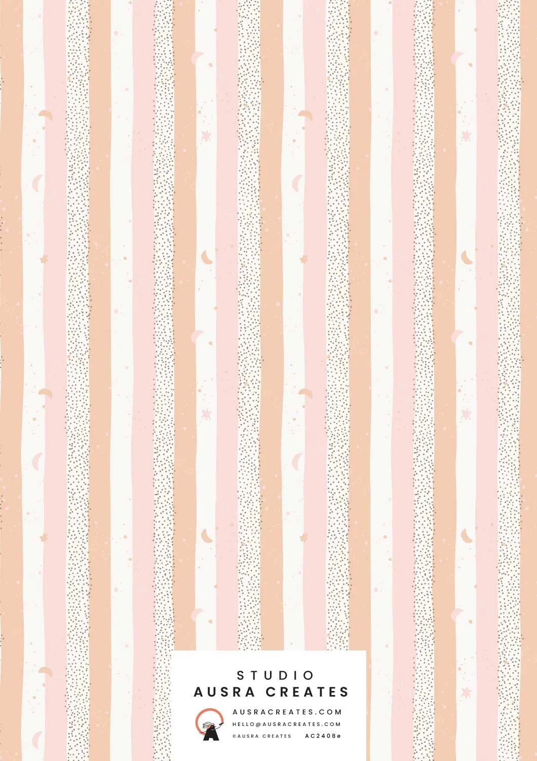 A cute newborn  candy stripe of celestial night - stars, moons and mini snowflakes in baby girl pink and peach; available for art licensing