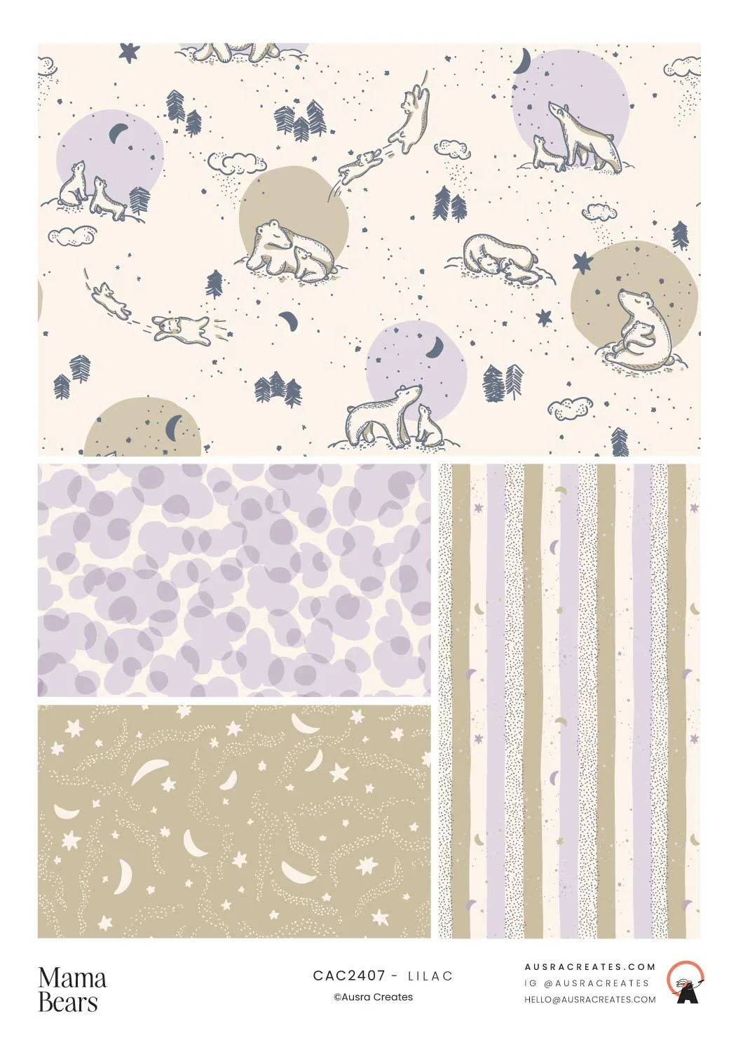 A cute unisex newborn winter design of Mumma and Baby Bears under a Starry Night in pastel lilac and sand available  for art licensing
