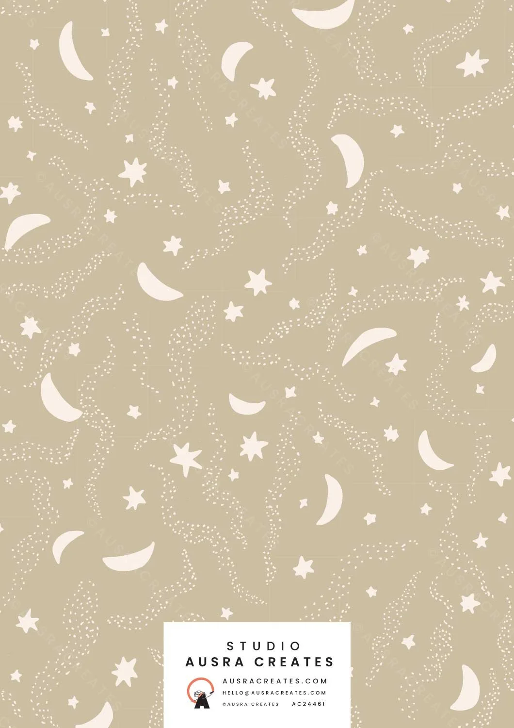 A calm serene unisex celestial night sky newborn  design of a Starry Night in neutral unisex sand beige cream available for art licensing