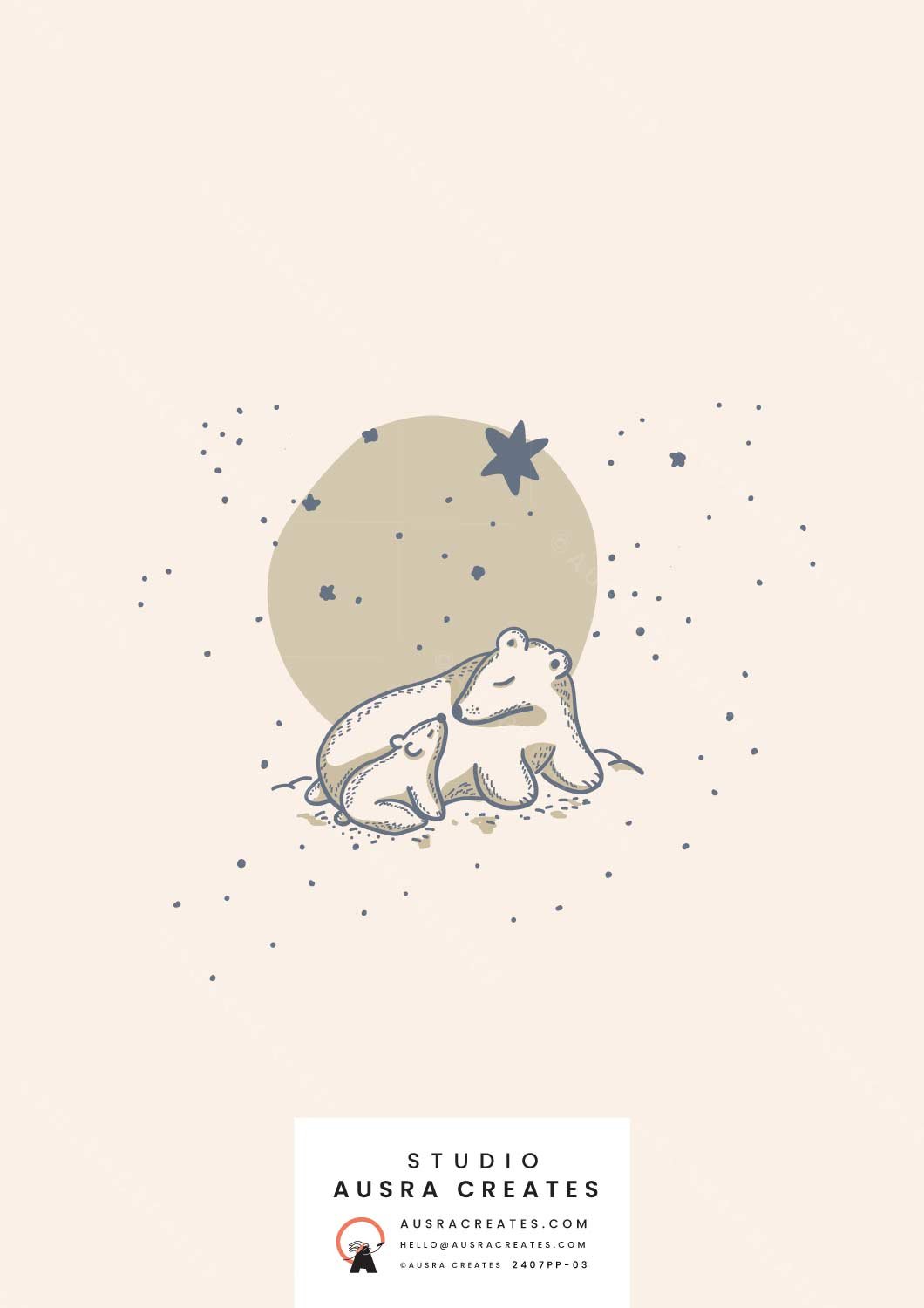 A cute placement print of  Mama and Baby Bear under a Starry Night in sand available for art licensing