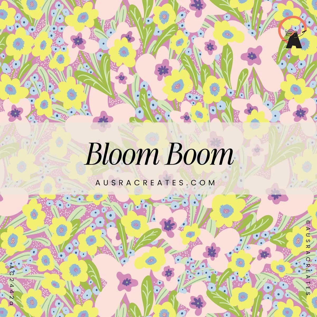 Funky retro inspired maximalist playful floral pattern design in lilac for art licensing pink fo