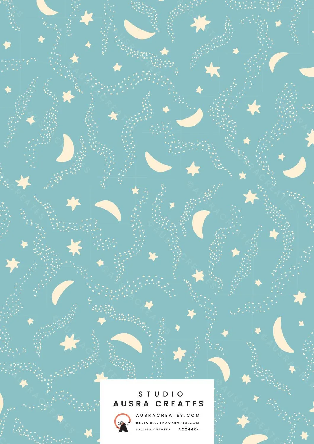 A calm serene unisex celestial night sky newborn  design of a Starry Night in neutral unisex blue available for art licensing