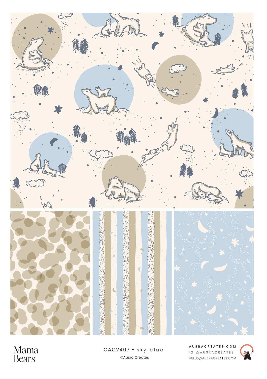A cute unisex newborn winter design of Mumma and Baby Bears under a Starry Night in sky blue available  for art licensing