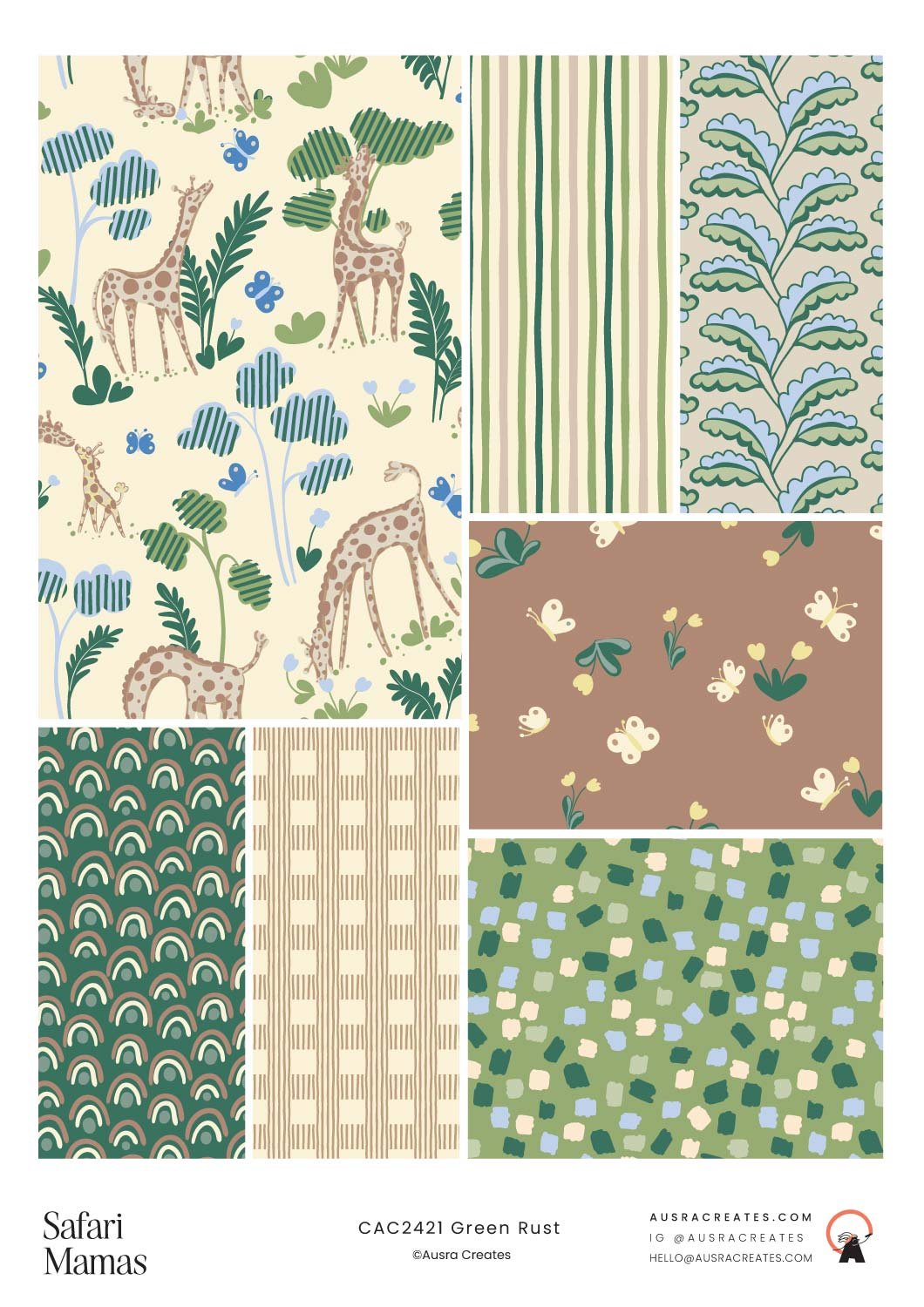 safari mamas  newborn baby pattern print collection for art licensing on baby goods, nursery decor and fabric in earthy tones