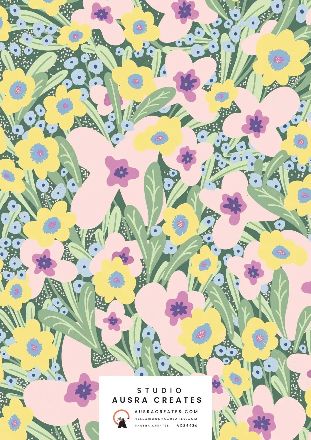 Goovy retro inspired maximalist playful sage summer floral surface pattern print for art licensin