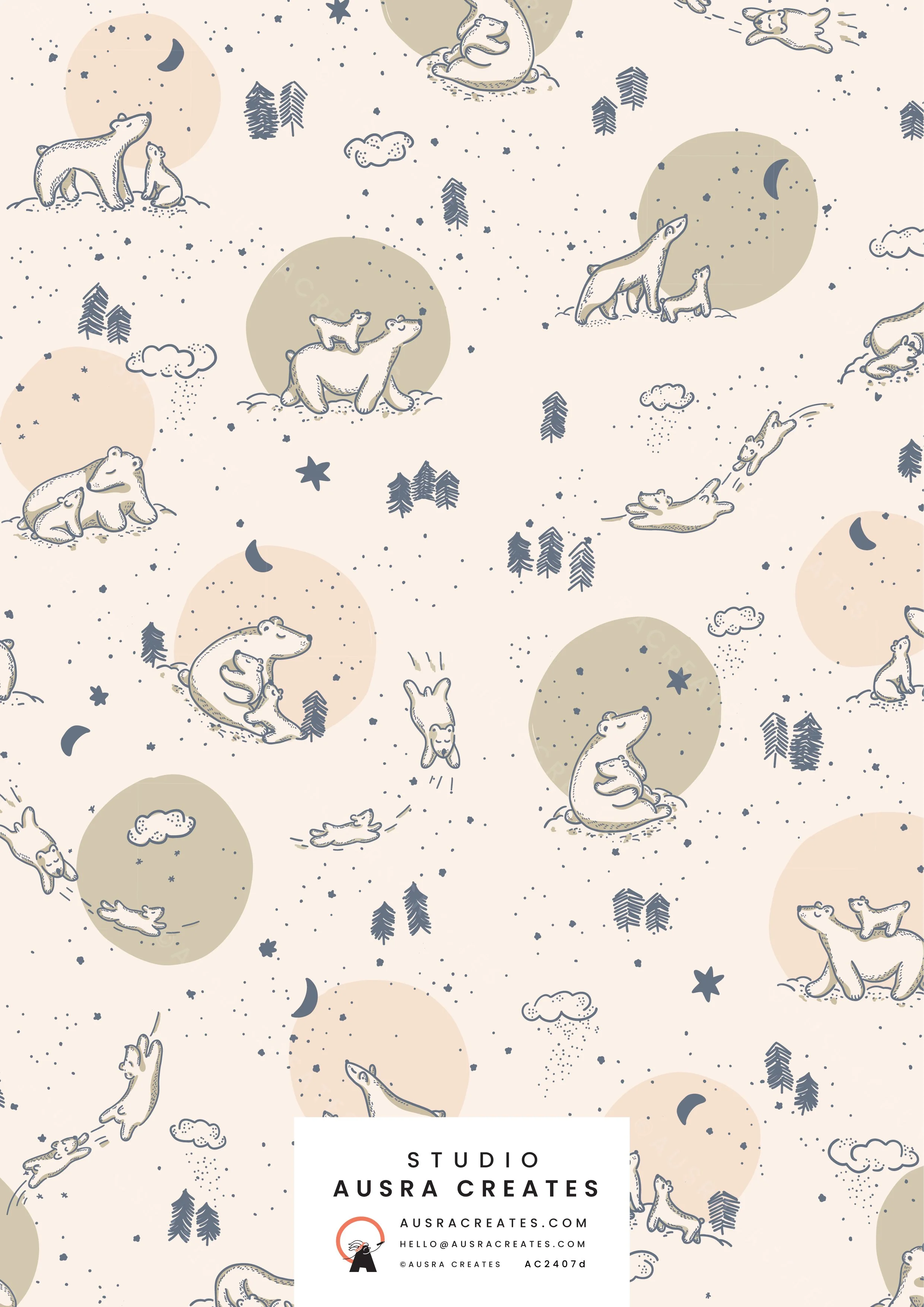 A cute unisex newborn winter design of Mumma and Baby Bears under a Starry Night in beige sand available  for art licensing