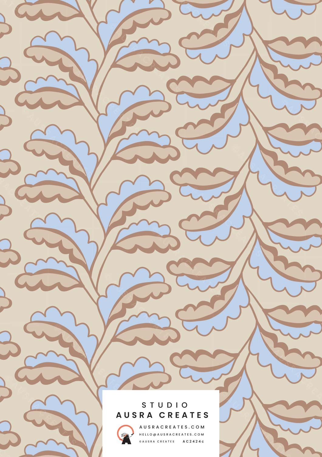 Simple abstract trailing oak leaf floral pattern print in neutral sand baby blue for art licensing