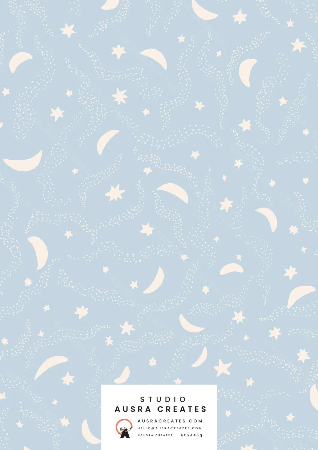 A calm serene unisex celestial night sky newborn  design of a Starry Night in neutral baby blue available for art licensing