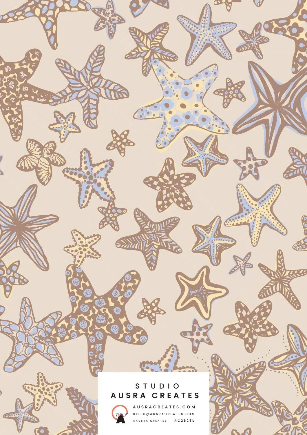 Coastal Bohemian Decorated Funky Retro Sea  Stars in Dusky Blue and Sandy Cream available for Surface Pattern Design Art Licensing