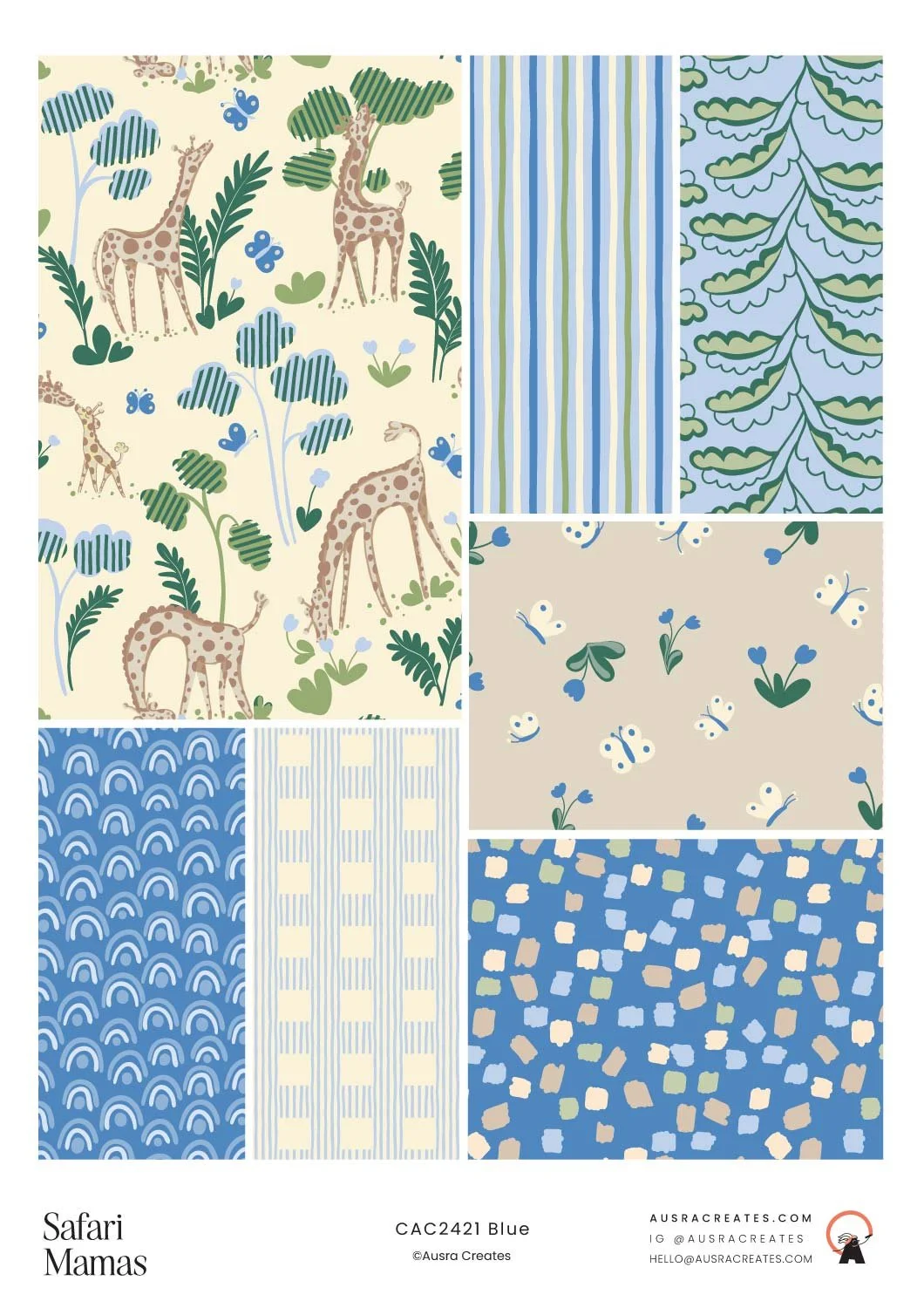 safari mamas  newborn baby pattern print collection for art licensing on baby goods, nursery decor and fabric in blue tones