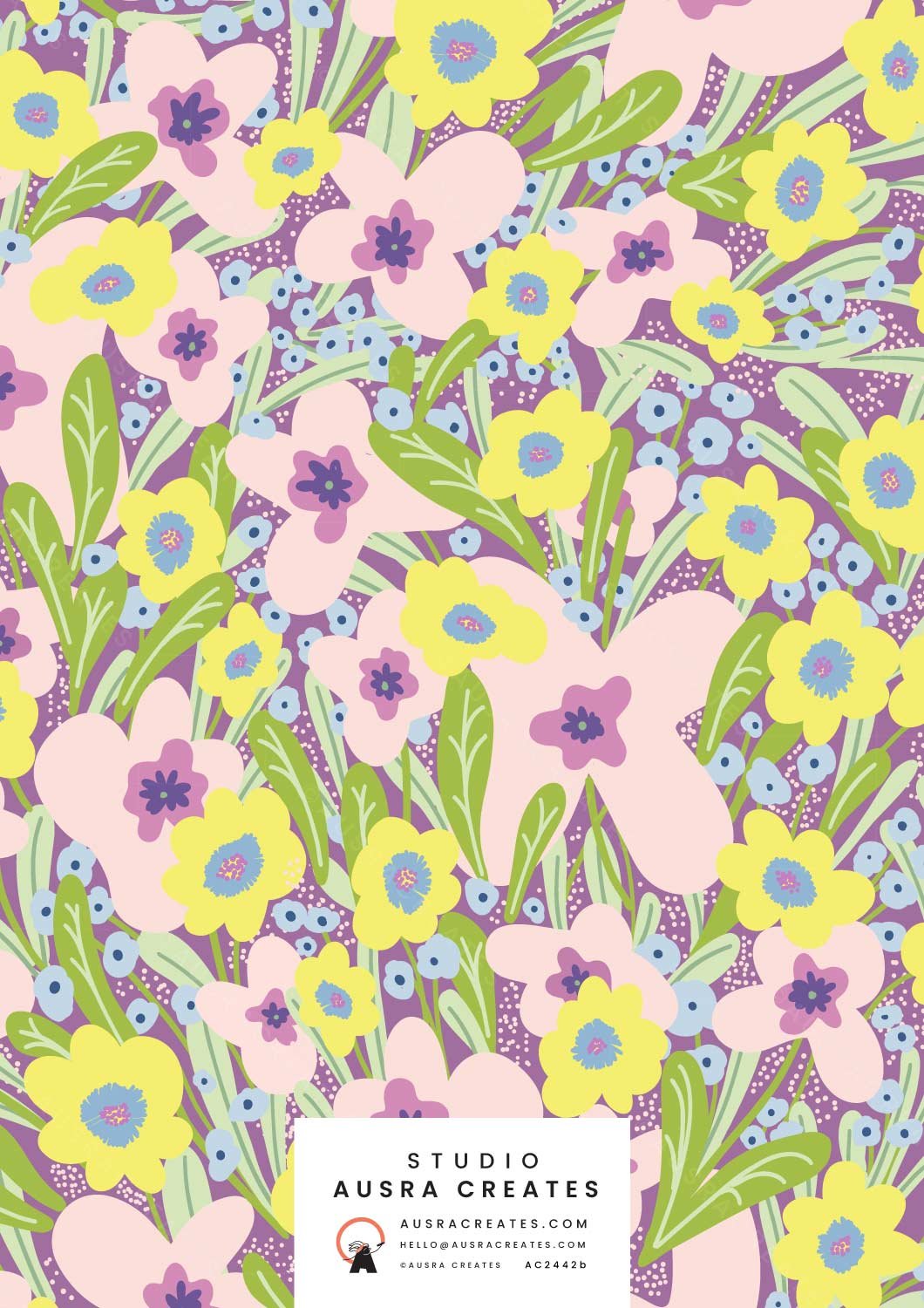 Goovy retro inspired maximalist playful lilacsummer floral surface pattern print for art licensin