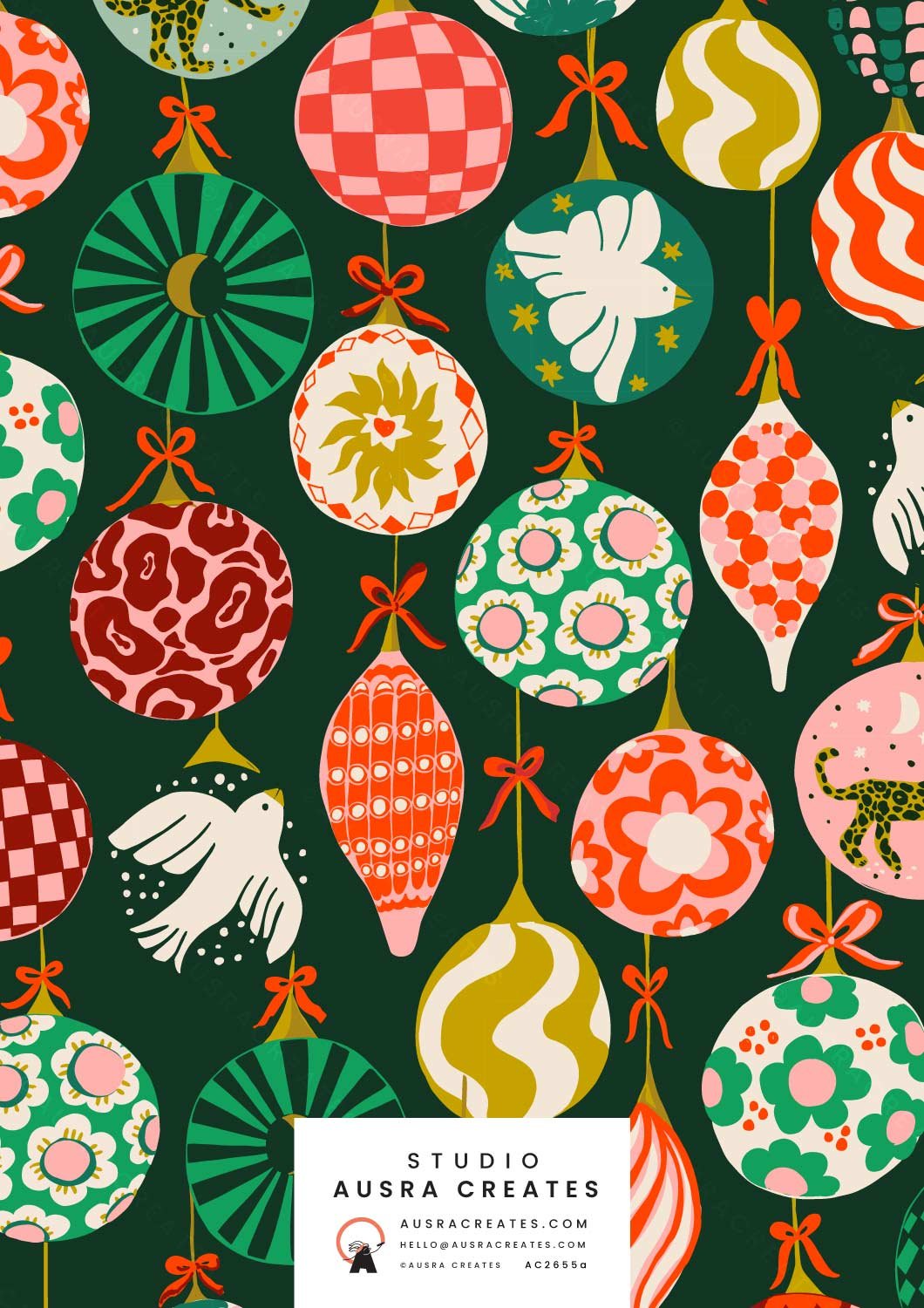 Eclectic Maximalist Bold Bright Boho Retro Christmas Baubles Surface Pattern Print in Dark Green for Art Licensing