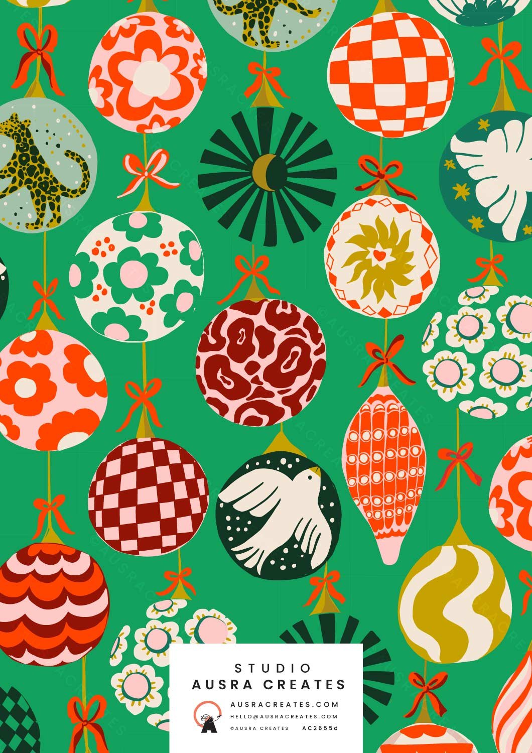 Eclectic Maximalist Bold Bright Boho Retro Christmas Baubles Surface Pattern Print in Bright Green for Art Licensing
