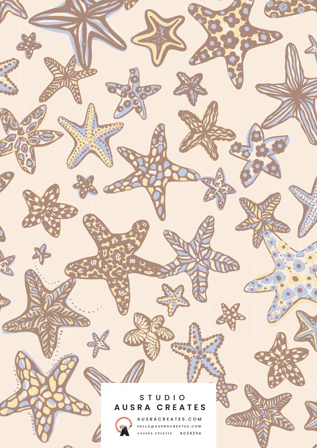Coastal Bohemian Decorated Funky Retro Sea  Stars in Dusky Blue and Sandy Cream available for Surface Pattern Design Art Licensing