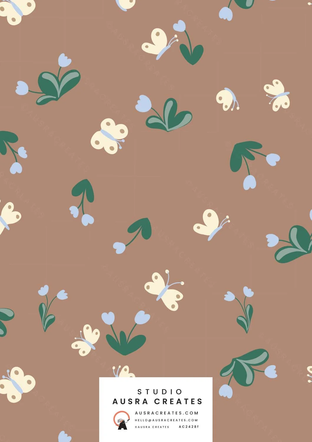 Simple Playful Unisex Baby scatterred butterflies flowers pattern print for art licensing, fabric, stationery and nursery decor in cocoa and earthy tones