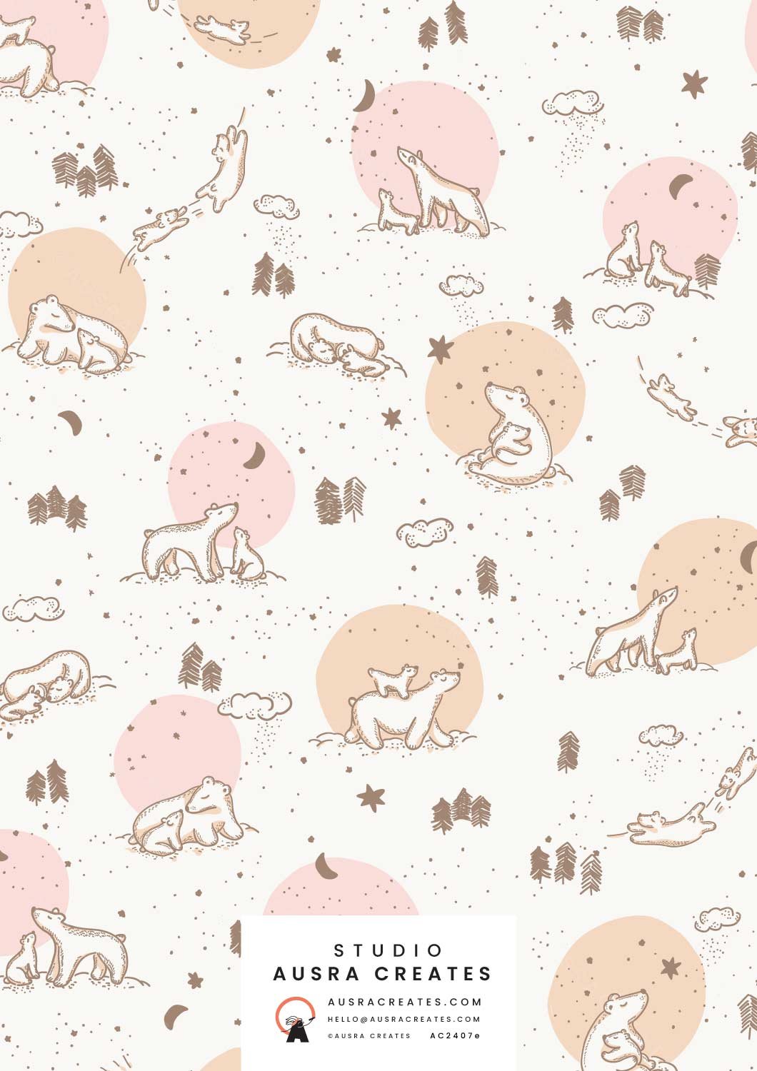 A cute  newborn winter design of Mumma and Baby Bears under a Starry Night in baby girl pink available  for art licensing