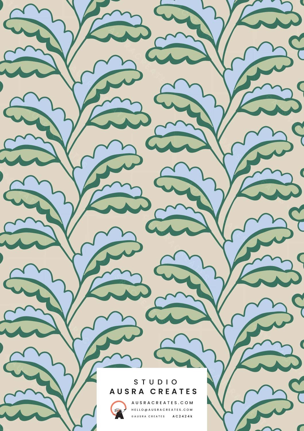 Simple abstract trailing oak leaf floral pattern print in neutral sand earthy green for art licensing, fabric or wallpaper 