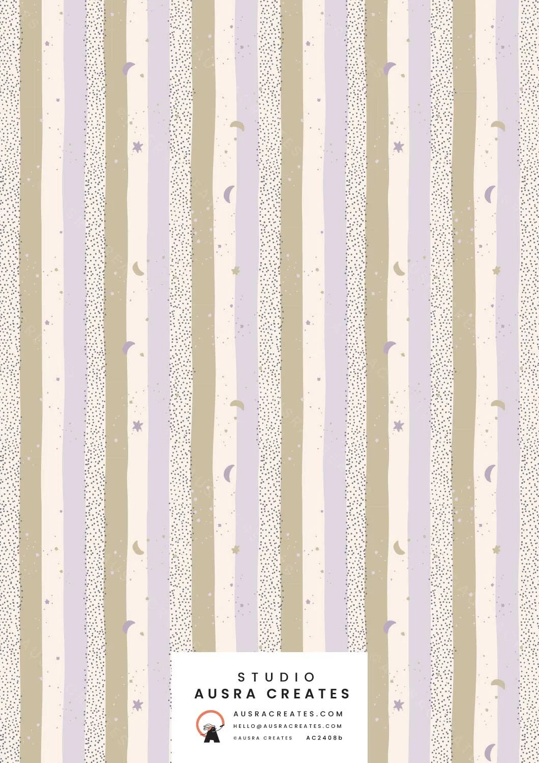 A cute newborn  candy stripe of celestial night - stars, moons and mini snowflakes in lilac and sand; available for art licensing