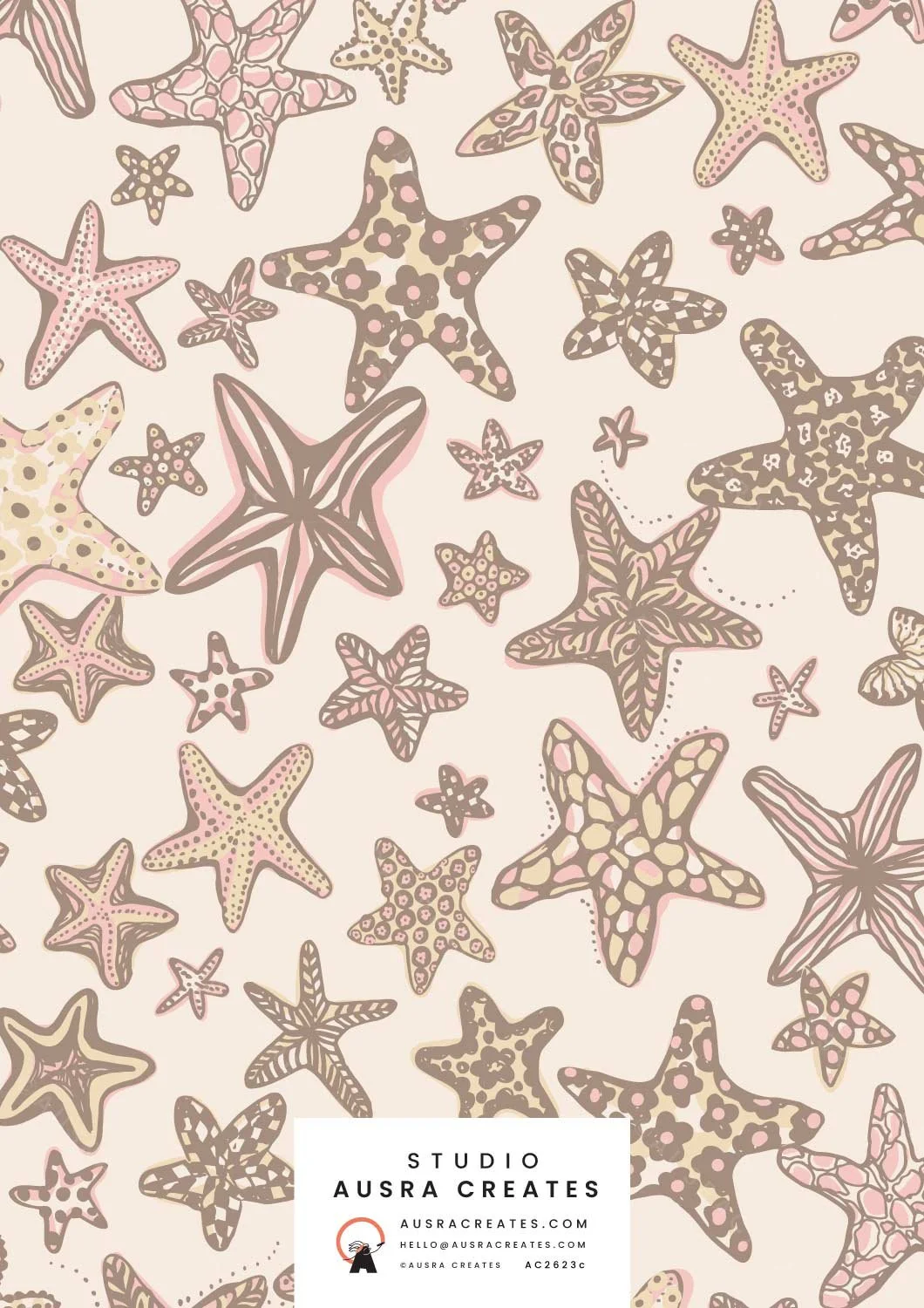 Coastal Bohemian Decorated Funky Retro Sea  Stars in Dusty Pink  and Sandy Cream available for Surface Pattern Design Art Licensing