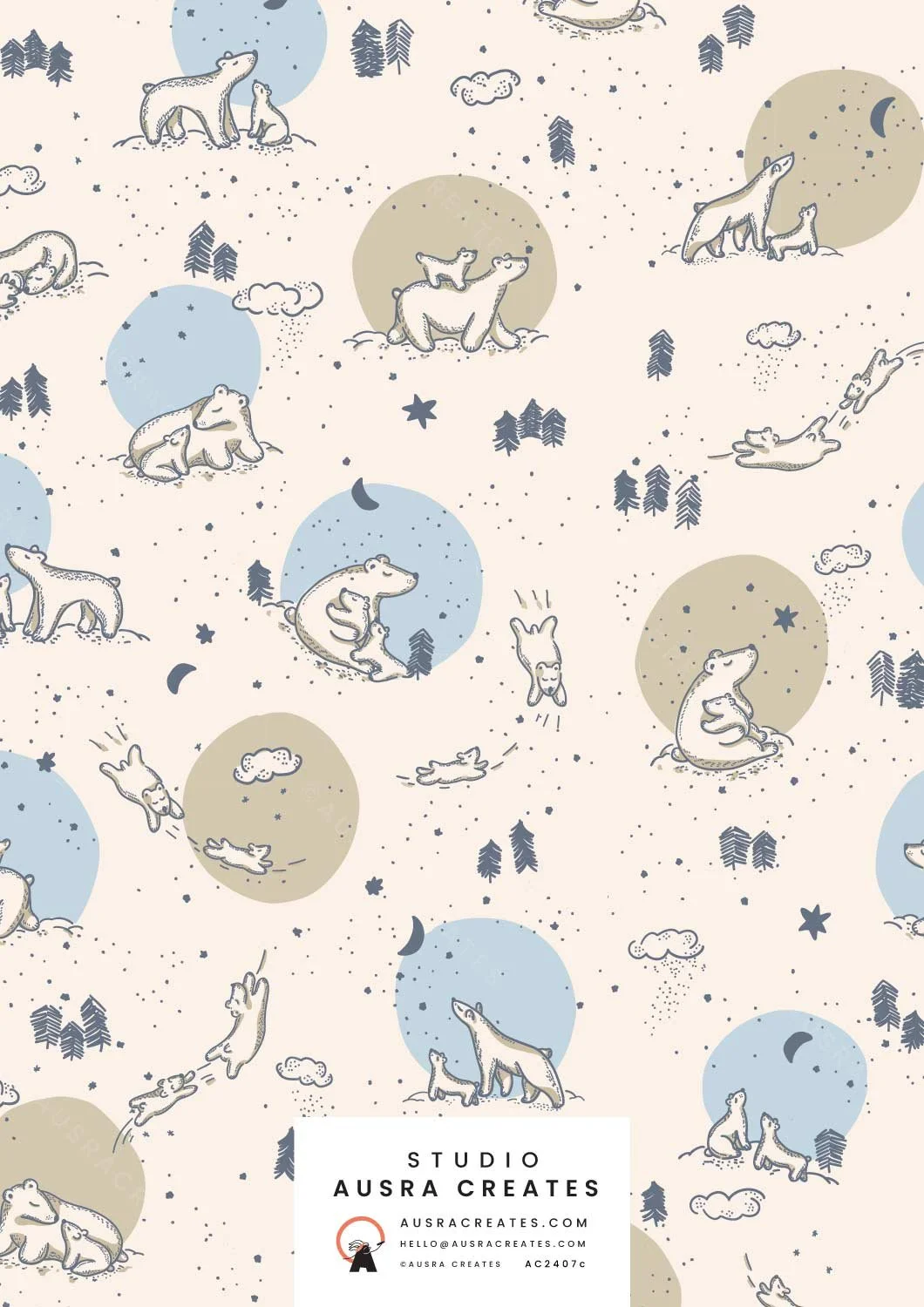 A cute unisex newborn winter design of Mumma and Baby Bears under a Starry Night in baby bllue  and for art licensing