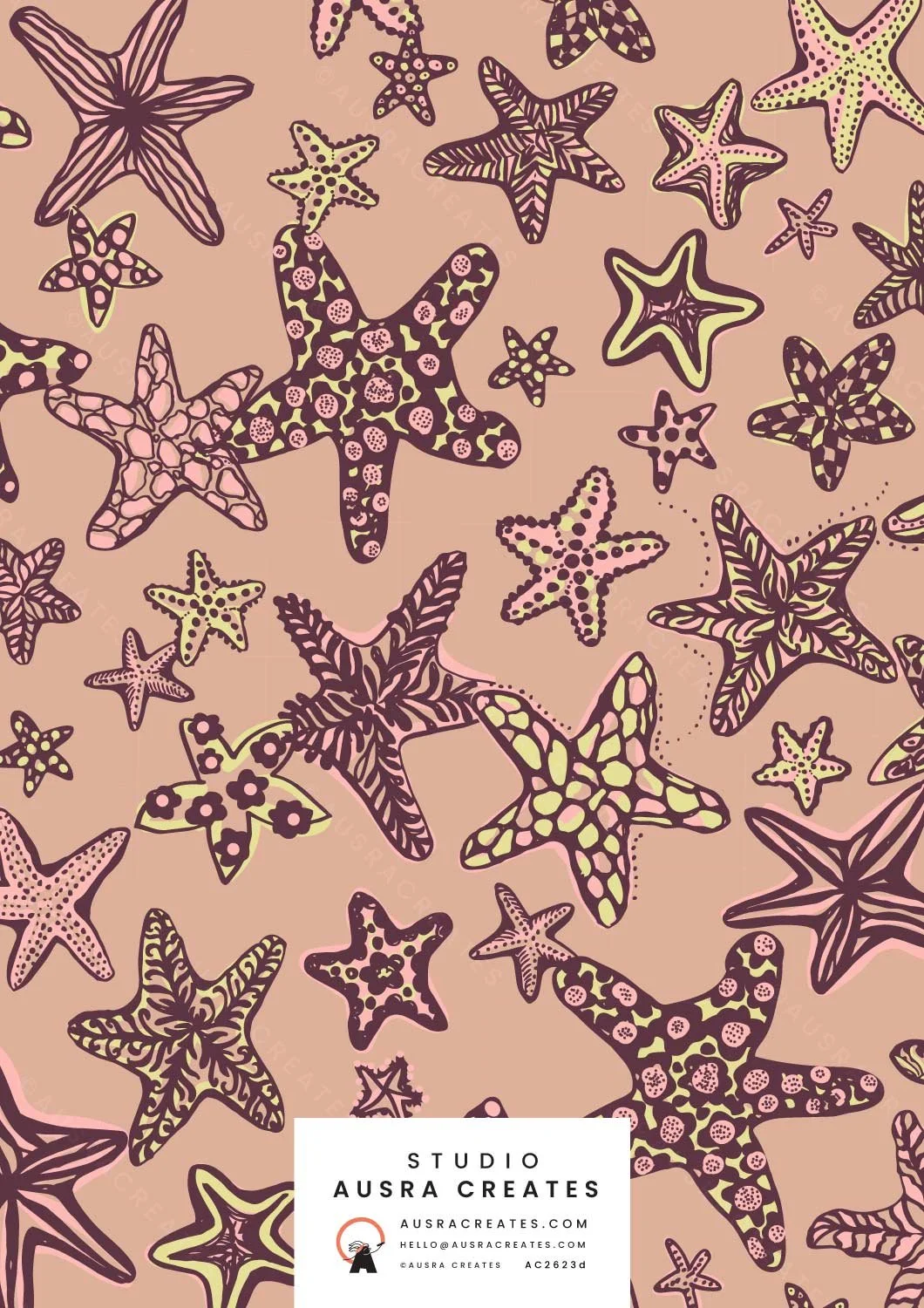 Coastal Bohemian Decorated Funky Retro Sea  Stars in Mauve, Lemon and Burgundy Cream available for Surface Pattern Design Art Licensing