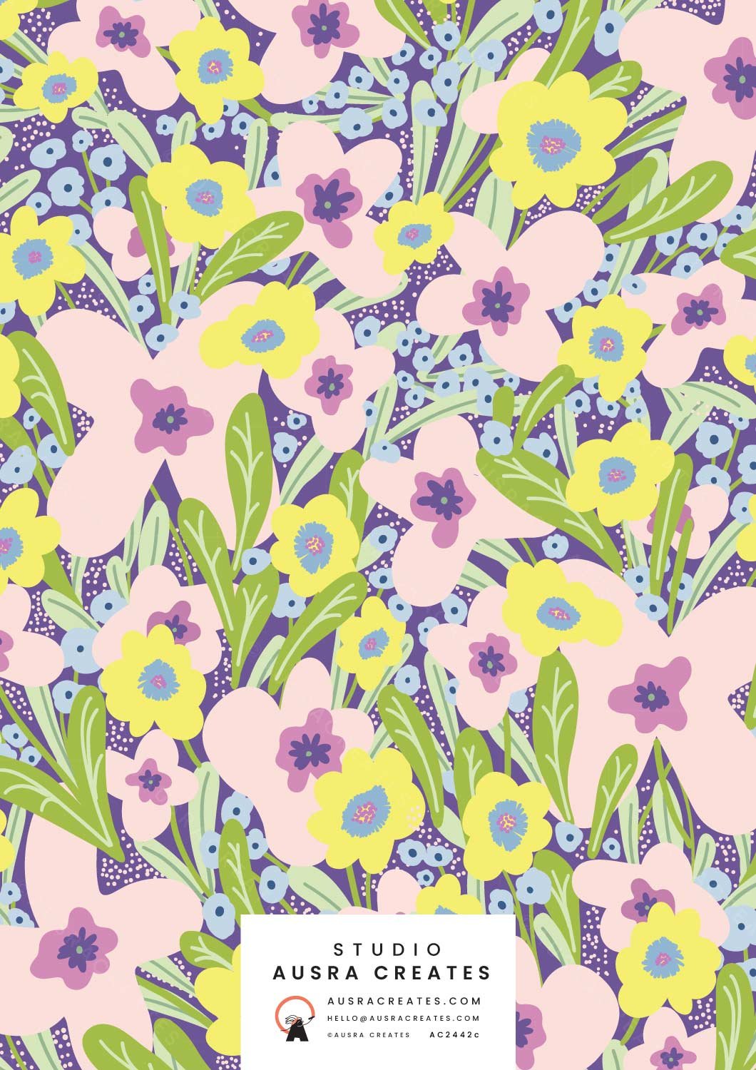 Goovy retro inspired maximalist playful lavender summer floral surface pattern print for art licensing 