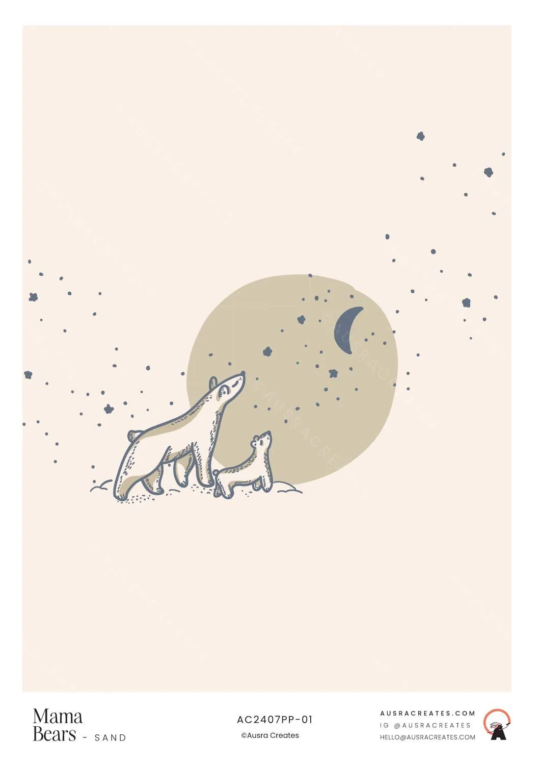 A cute placement print of  Mumma and Baby Bear under a Starry Night in sand available for art licensing