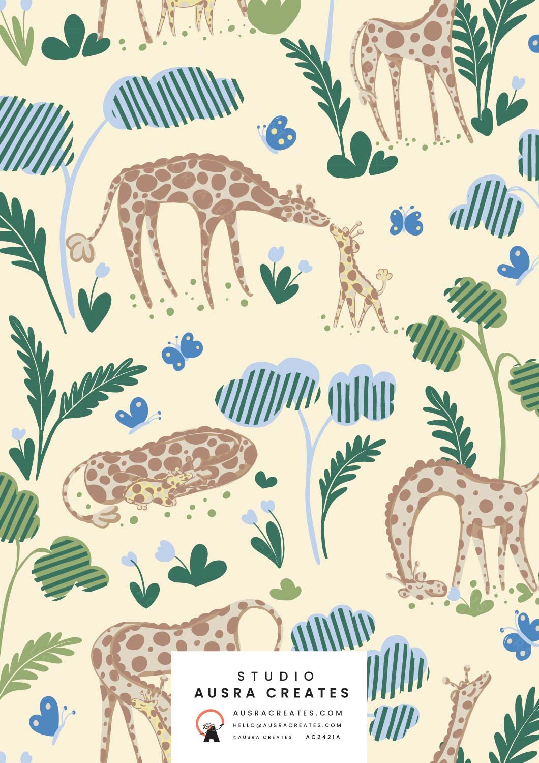 cute gentle safari mama giraffe pattern print for newborn baby product art licensing, fabric or wallpaper