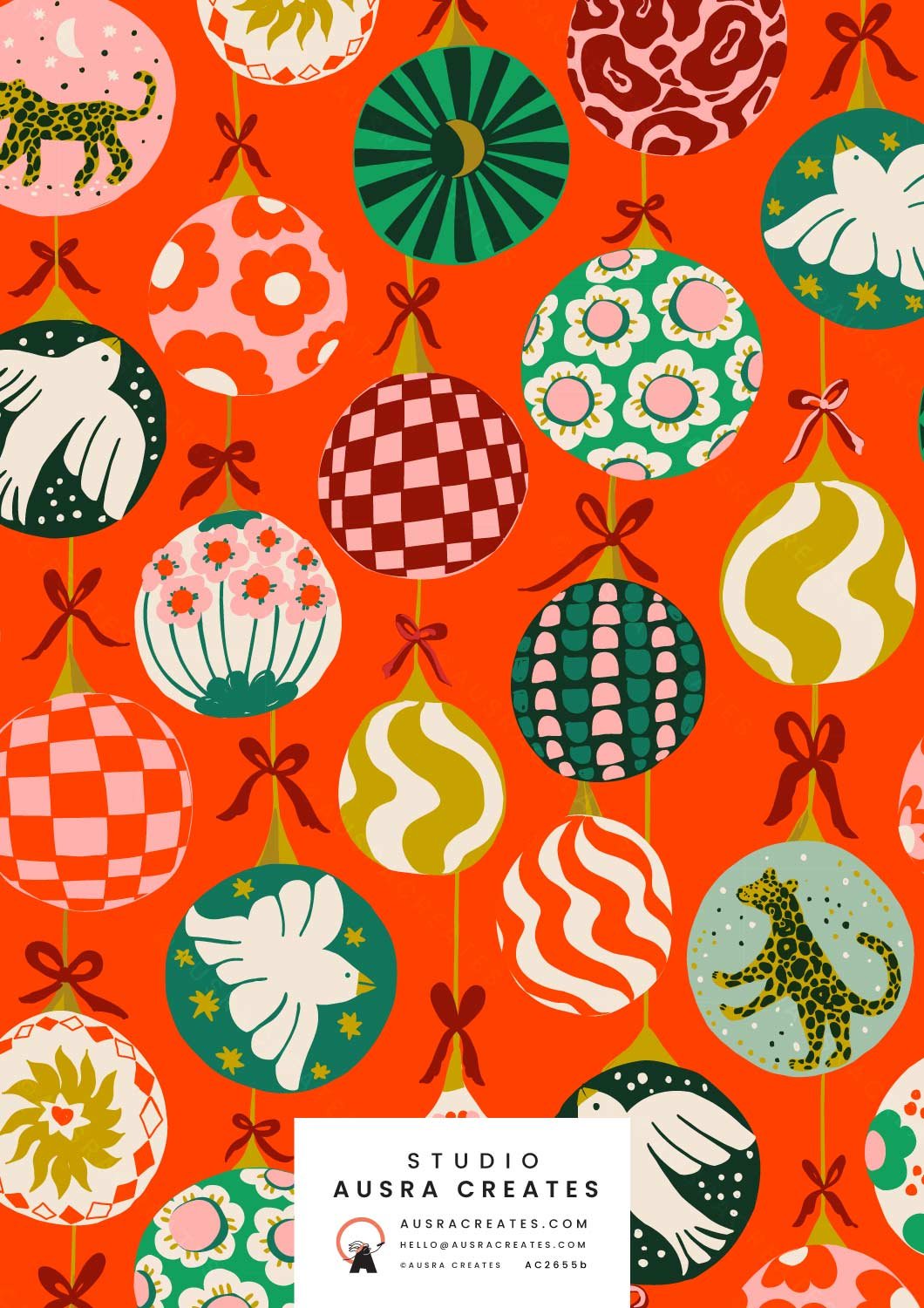 Eclectic Maximalist Bold Bright Boho Retro Christmas Baubles Surface Pattern Print in Bright Red for Art Licensing