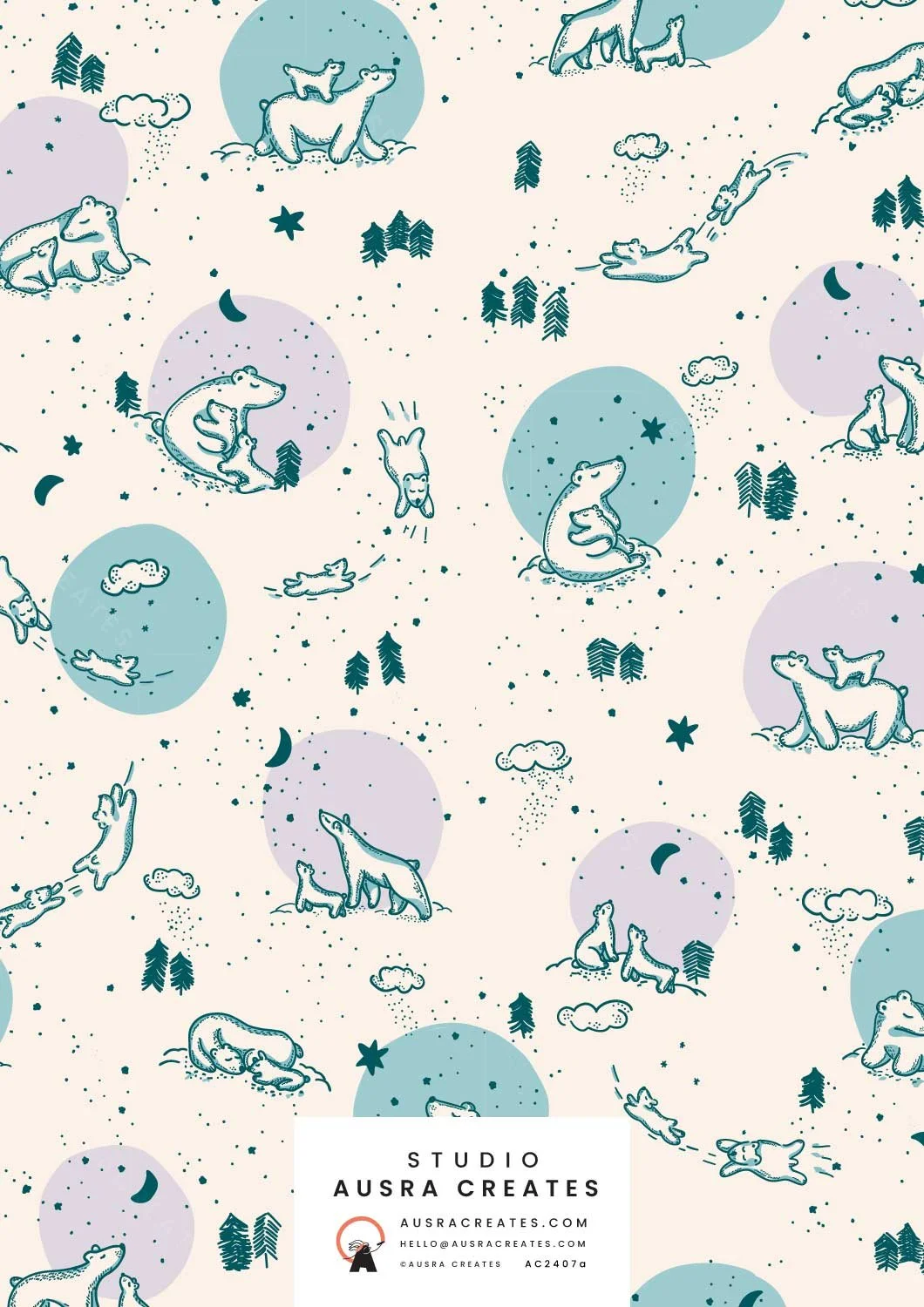 A cute unisex newborn winter design of Mumma and Baby Bears under a Starry Night in blue available  for art licensing