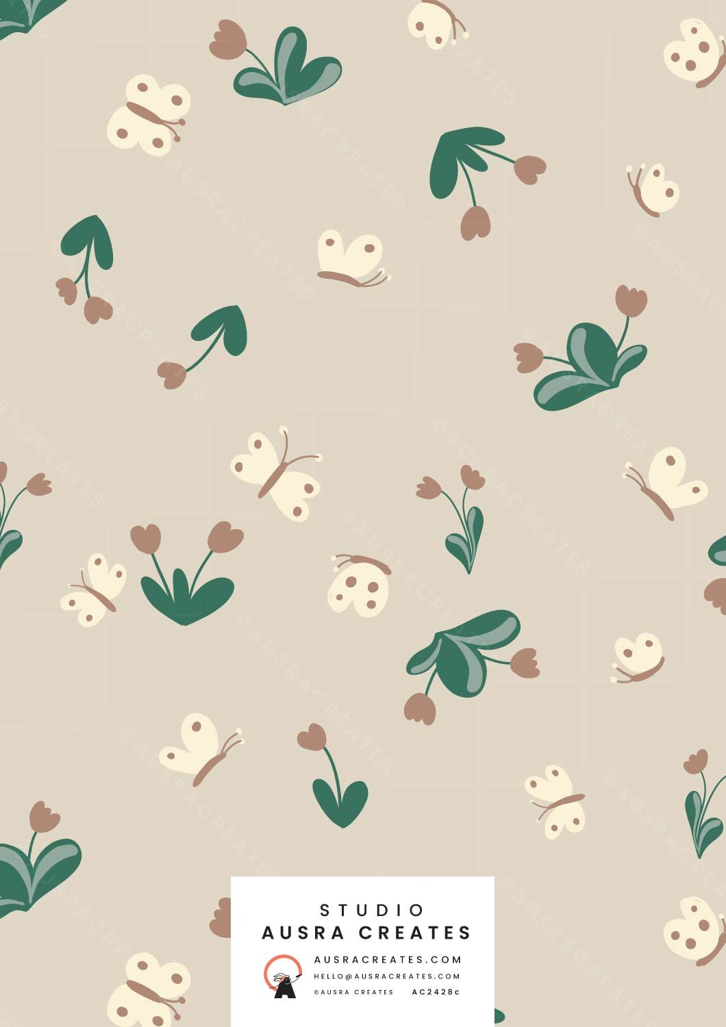 Simple Playful Unisex Baby scatterred butterflies flowers pattern print for art licensing, fabric, stationery and nursery decor in neutral earthy tones