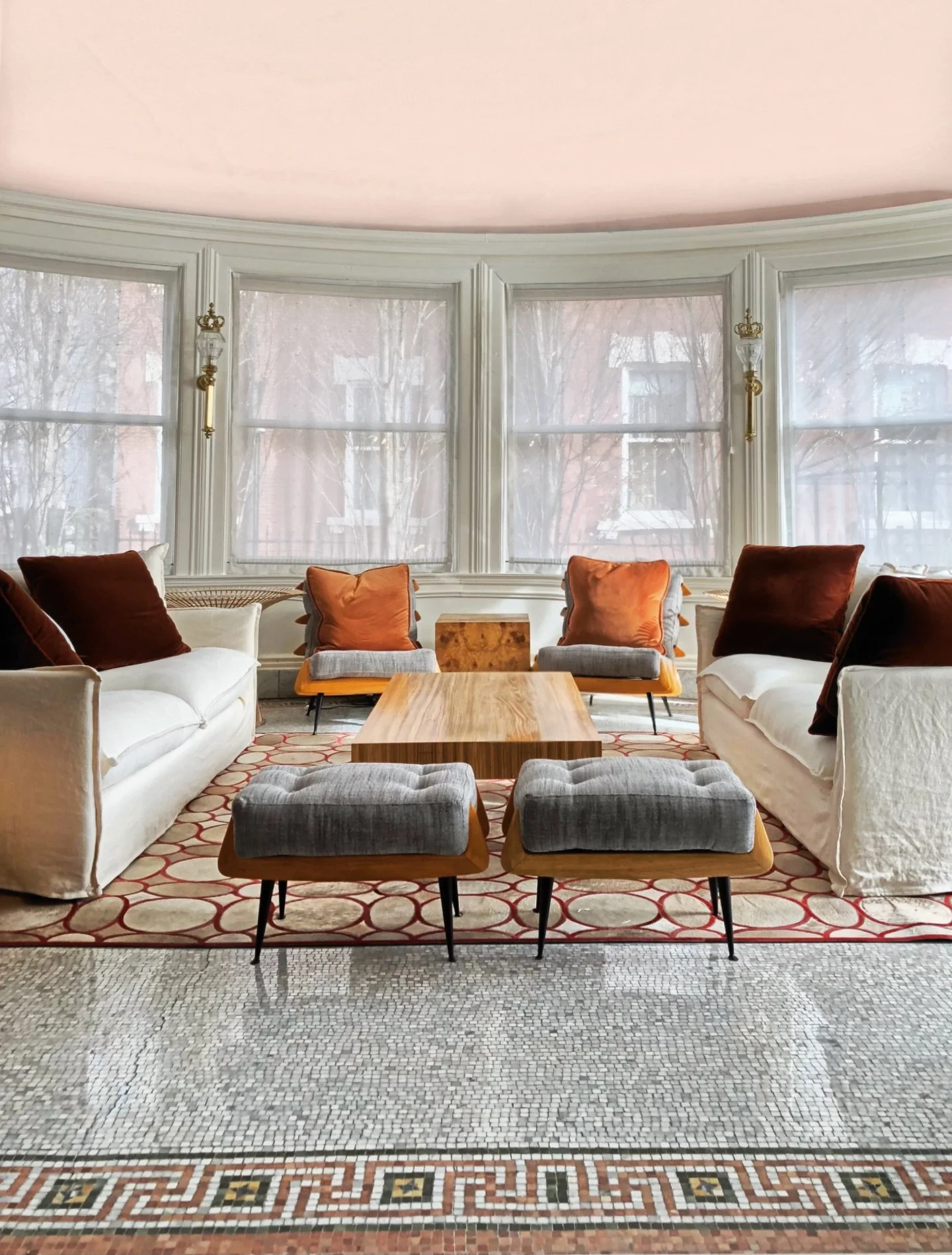 In the JLID-refurbished and deliberate paired back redesign of a historically significant solarium, I wanted the stand out element to be the artistry of the original white statuary, orange onyx, and green verde Ming marbles which were used to produce