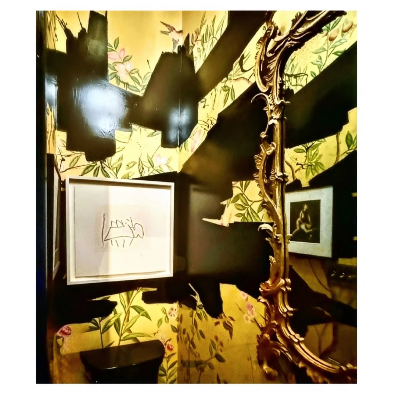 And then I thought &ldquo;why not?&rdquo; Chinoiserie meets Franz Kline in the Powder Room. Not pictured &bull; vintage Murano chandelier that was in Michael&rsquo;s parents house and our Levante Rosso marble ice block cantilevered sink. 
#jacoblawsi