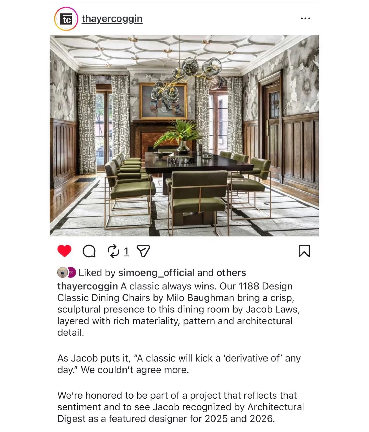 Thank you to @thayercoggin for this lovely shout out. And to the late, great Milo Baughman. Visionary. A modernist with soul. Dining room of a historic home photographed by the brilliant @aliseobrienphotography @aliseobrienphotography 
#jacoblawsinte