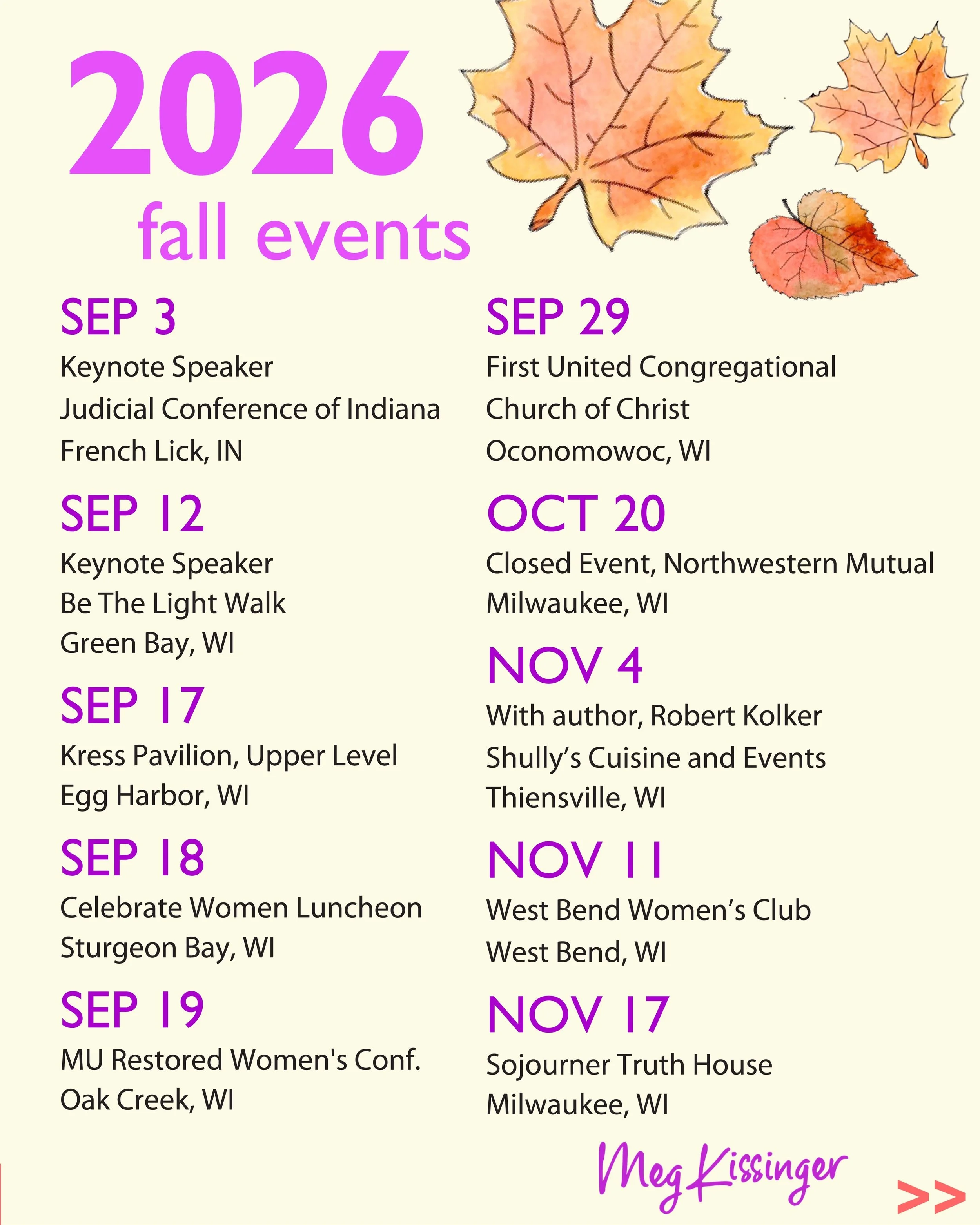 Come join us this fall in 2026! Check out the full schedule at the / link in bio or To copy and paste this link to a browser: https://www.megkissinger.com/events 🍁 🙌🏻 💫 #WhileYouWereOut #SpeakUpAboutIt! #endtheblameandshame #mentalhealth #megkiss