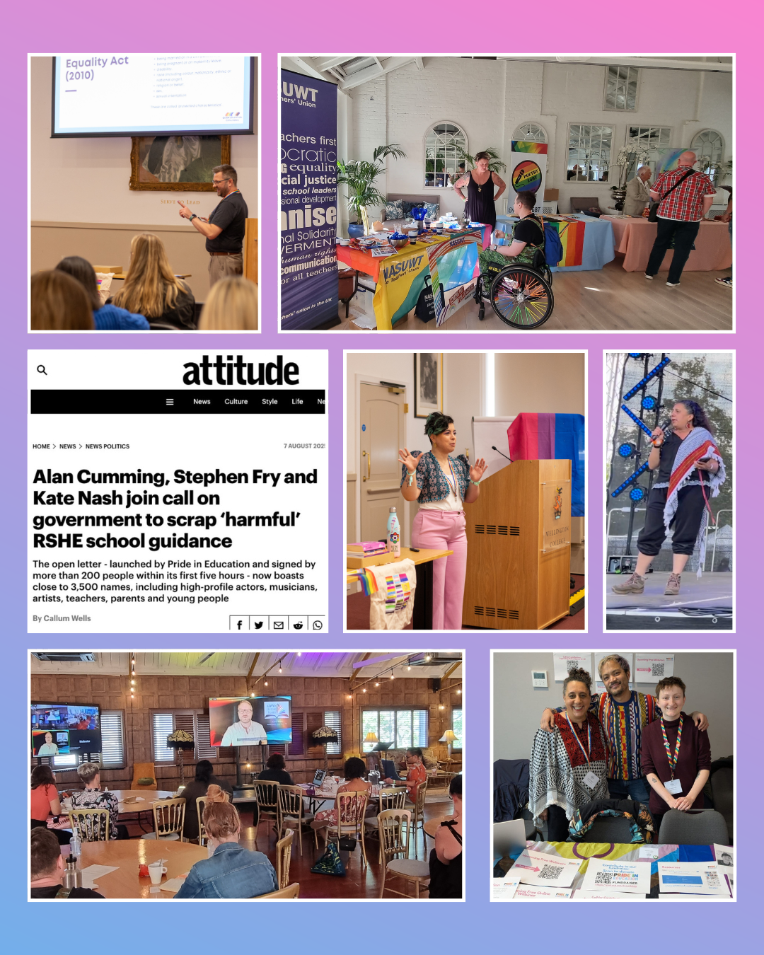 A collage of images showing the Pride in Education team at events, speakers presenting, conference rooms and news clippings from our campaigns.