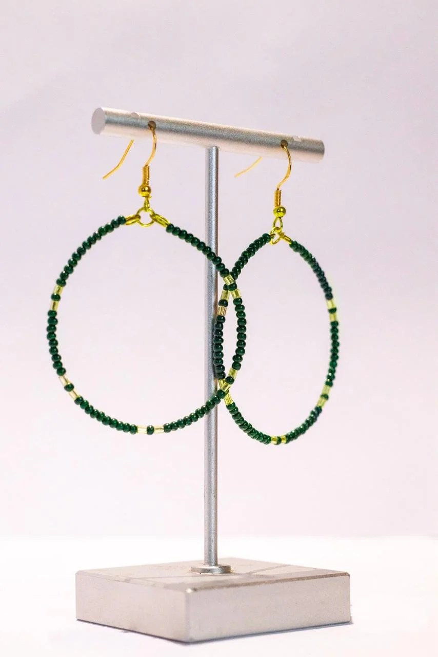 Evergreen Seed Bead & Gold Hoop Earrings - Green