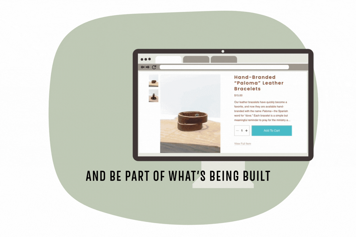 Gif: "Explore The Collection and be Part of What's Being Built" with preview of Paloma jewelry on computer screen