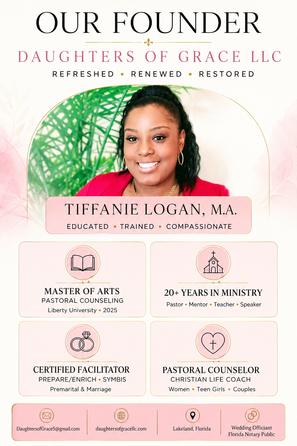 Founder Tiffanie Logan, M.A., pastoral counselor and Christian life coach at Daughters of Grace LLC.
