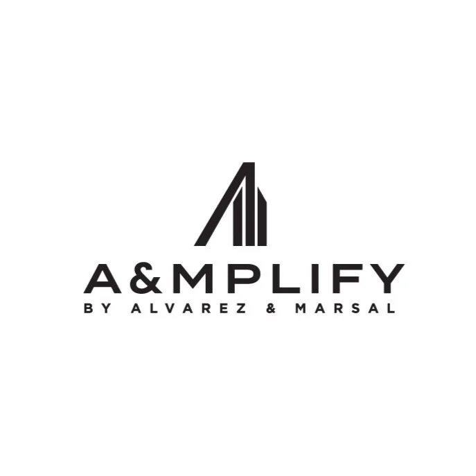 Logo for A&mplify by Alvarez & Marsal, featuring stylized letter 'A' and text.