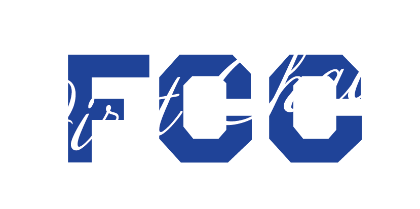 Blue FCC letters with white cursive text overlay on transparent background.