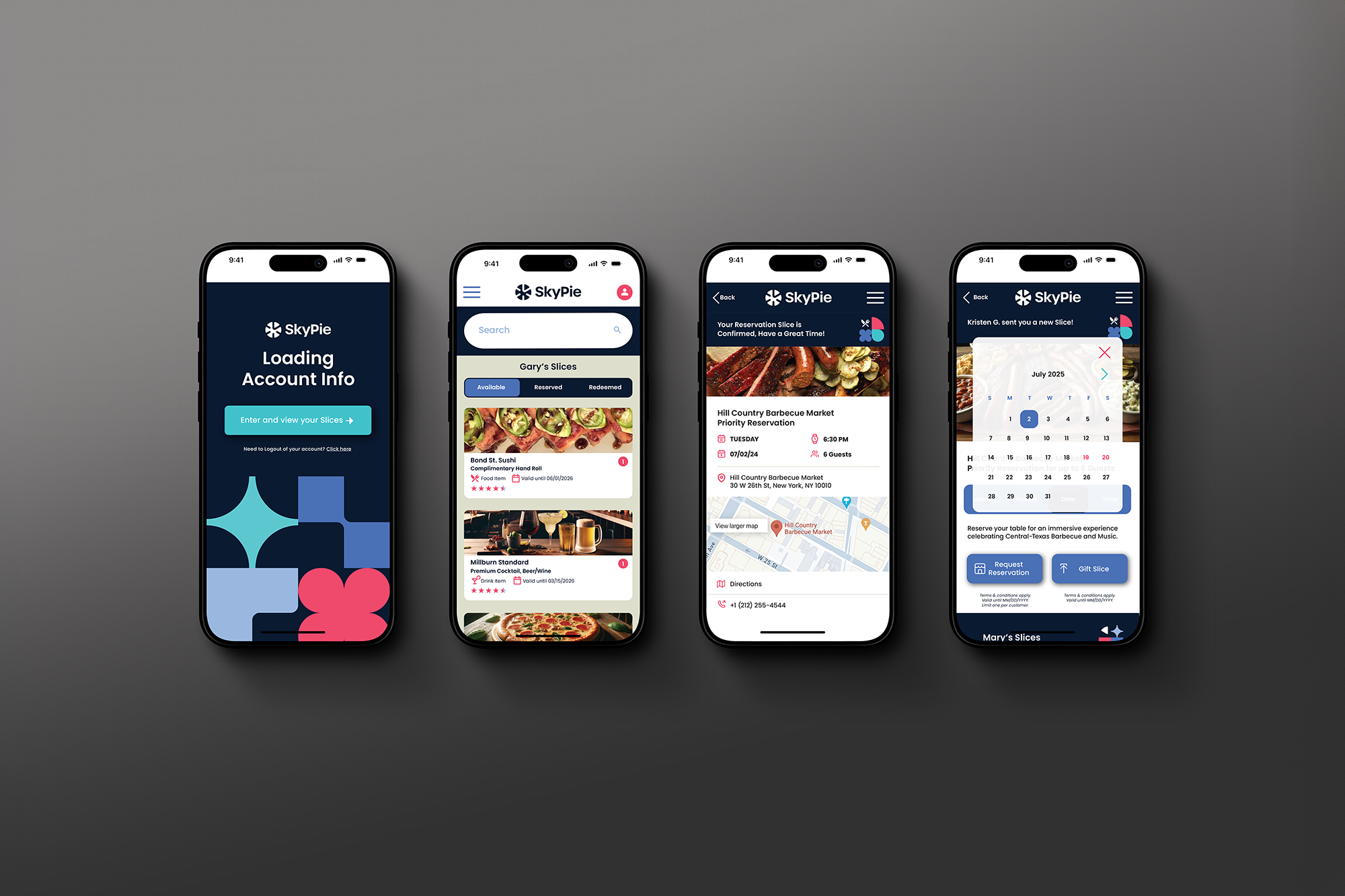 Four smartphones displaying a restaurant reservation app interface with various screens showing account loading, available restaurants, reservation details, and a calendar.